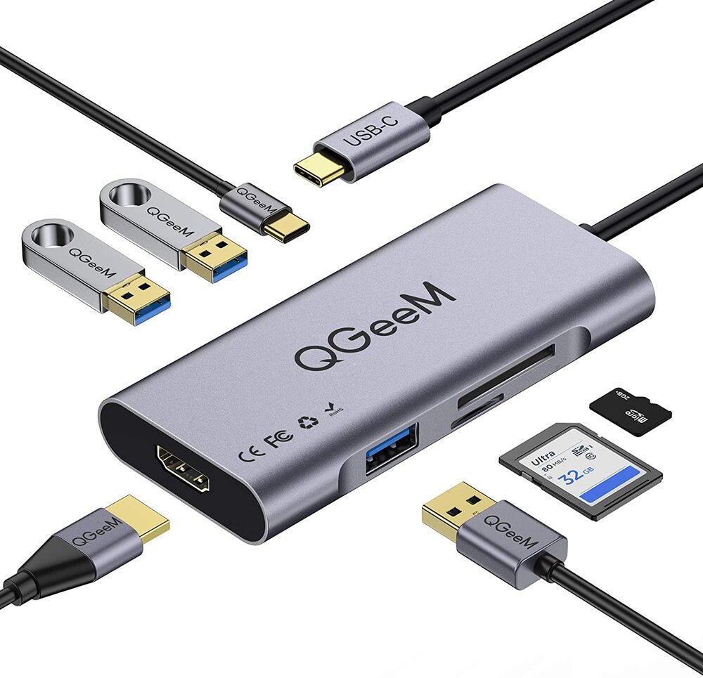 The QGeem Dock got 4.6 stars out of 5 and sells for $27.99. Overall users seem very pleased with this dock. It has HDMI with 60Hz 4K video, 3 USB ports, SD Card Reader, and USB-C port for power delivery of up to 100W of power. There are, however, some reports of intermittent connection problems between the dock and the computer.

Specifications:

* USB-C Hub
* HDMI 4k Adapter
* 3 USB 3.0 Ports
* USB C Adapter
* 100W Power Delivery
* SD/TF Card Readers
* Compatible with MacBook Pro 13/15(Thunderbolt 3),2018 MacBook Air, Chromebook 