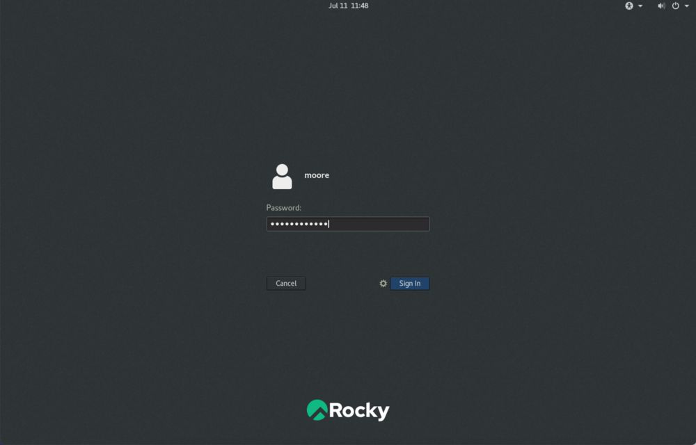 First Rocky Linux login prompt, type your own password