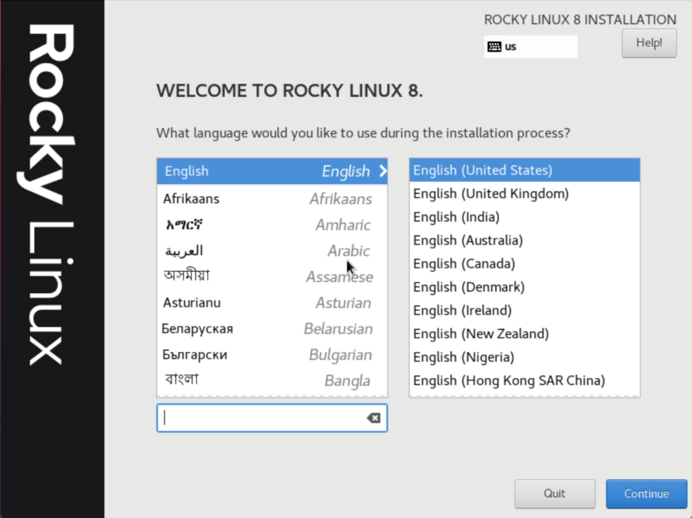Installation Rocky Linux, choose your language